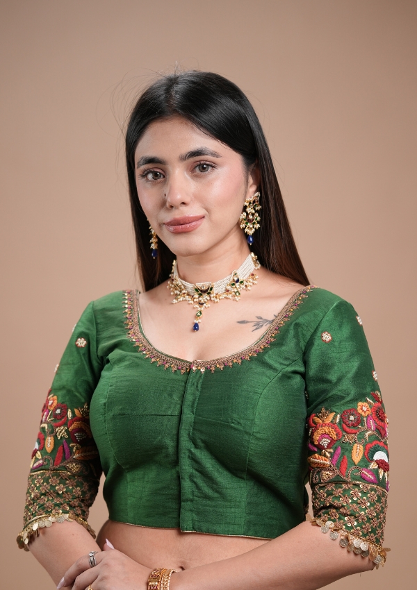Green Floral Thread Work Silk Blouse